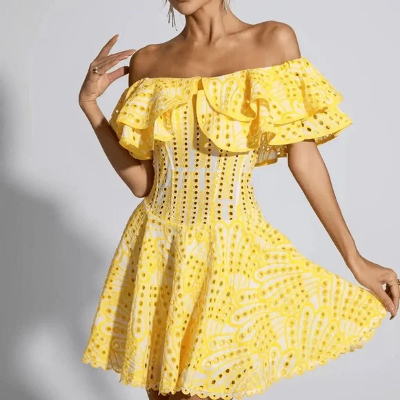 knee length dresses for ladies Yellow Smocked Off Shoulder Midi Dress – Gabi Swimwear main image 1
